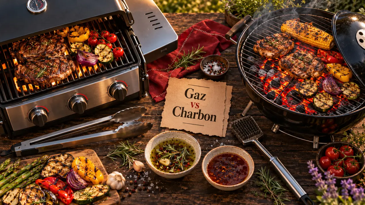 Barbecue gaz ou charbon : barbecue gaz et charbon sur table de jardin