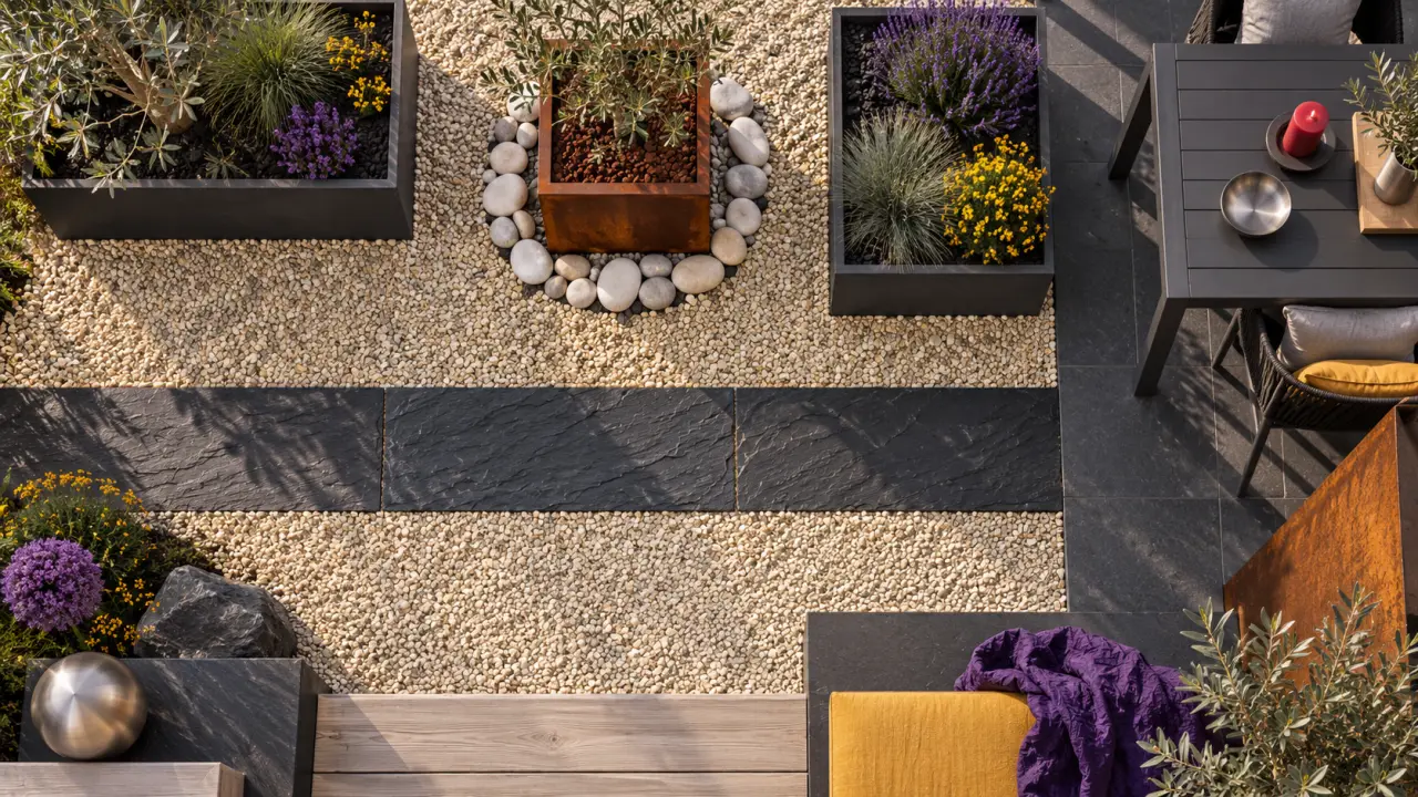 Décoration jardin moderne : terrasse moderne en zones avec allée gravier et ardoise