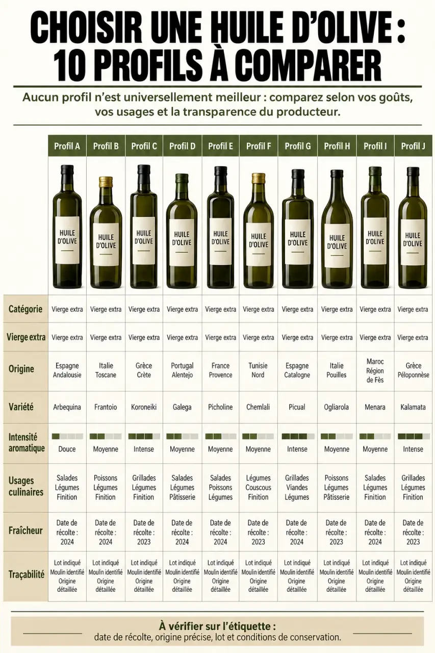 Infographie comparative pour choisir le top 10 meilleur huile d’olive selon l’origine, le goût et l’usage