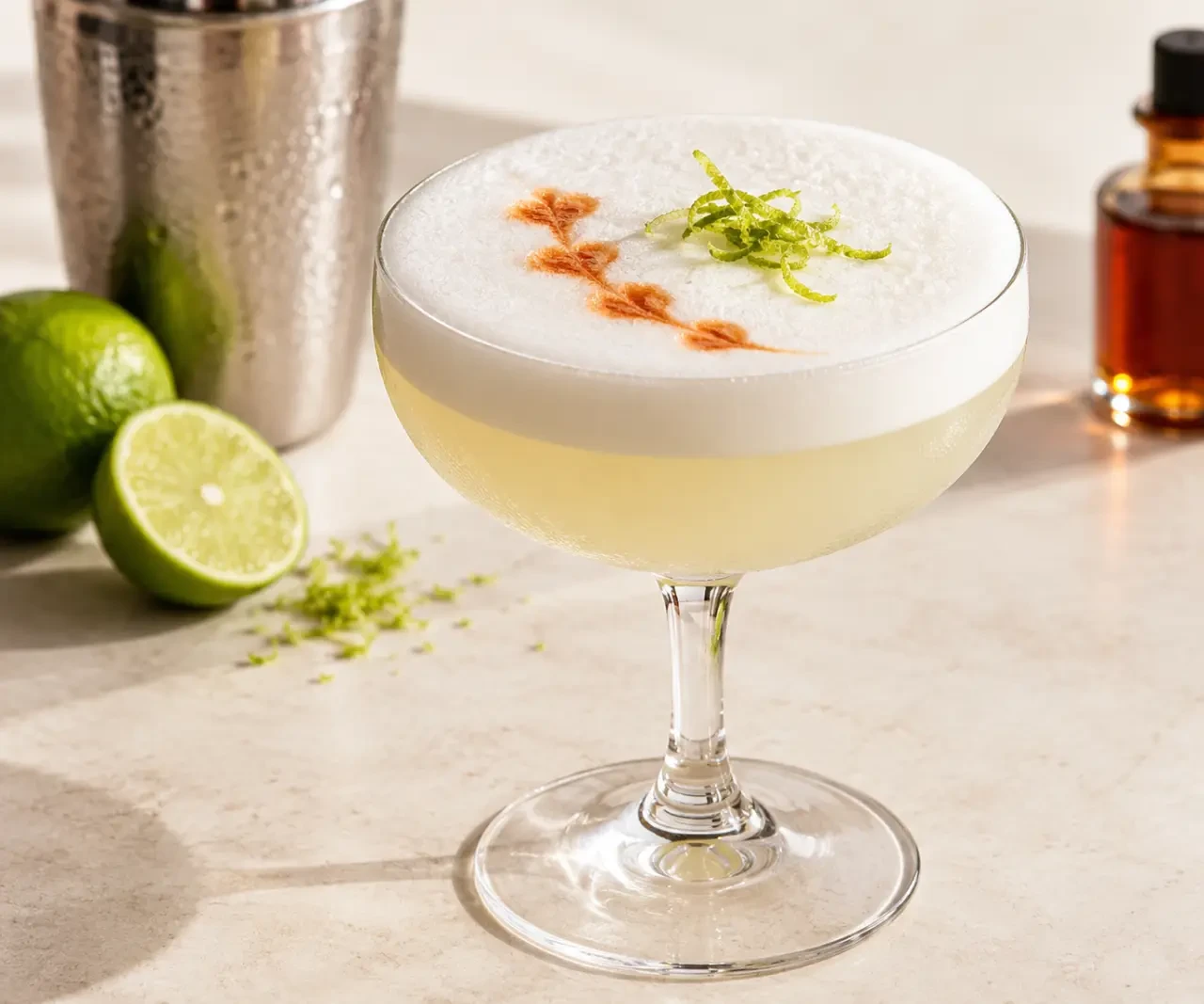 Cocktail blanc d’œuf de type Pisco Sour avec mousse blanche et bitters