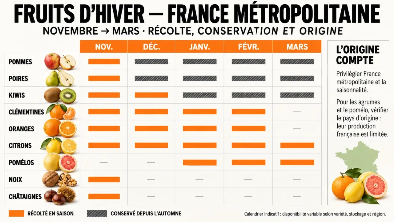 Infographie des fruits en hiver disponibles de novembre à mars en France