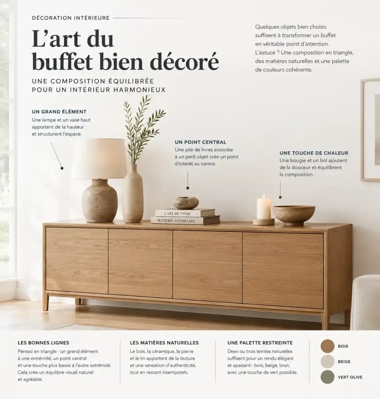 Déco pour buffet : composition en triangle avec lampe, vase, livres et bougie sur un buffet en bois dans un salon