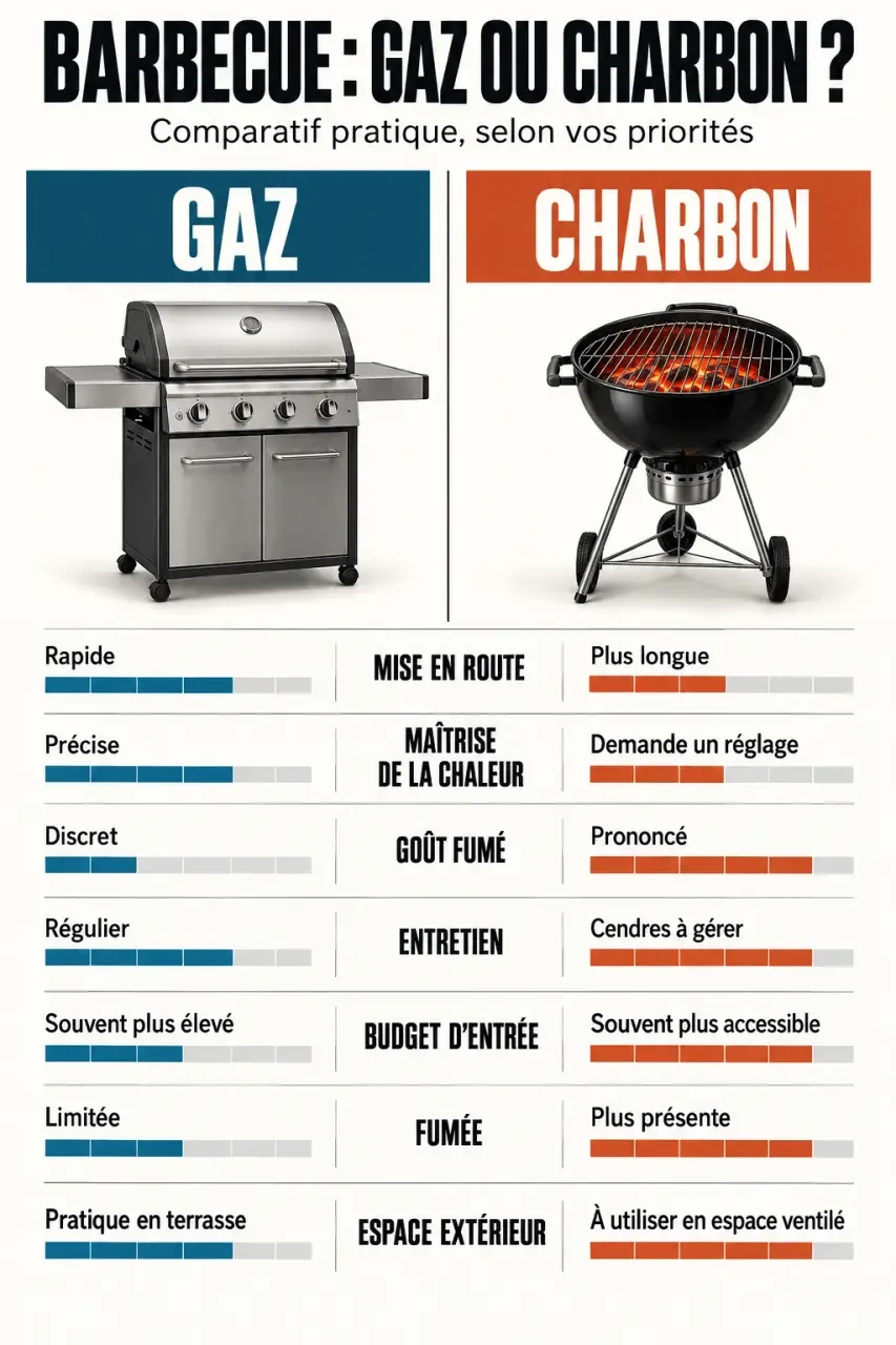 Infographie comparative barbecue gaz ou charbon selon le goût, le temps de cuisson, l’entretien et l’espace disponible