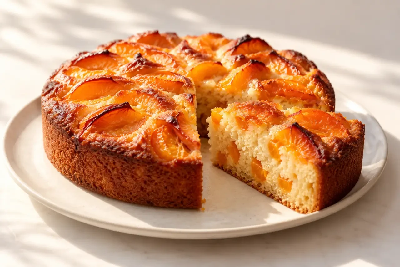 Gâteau ultra moelleux aux abricots avec une part découpée
