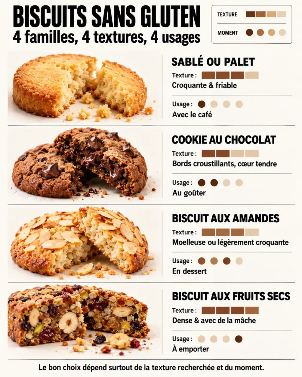 Infographie des meilleurs biscuits sans gluten selon la texture et l’usage