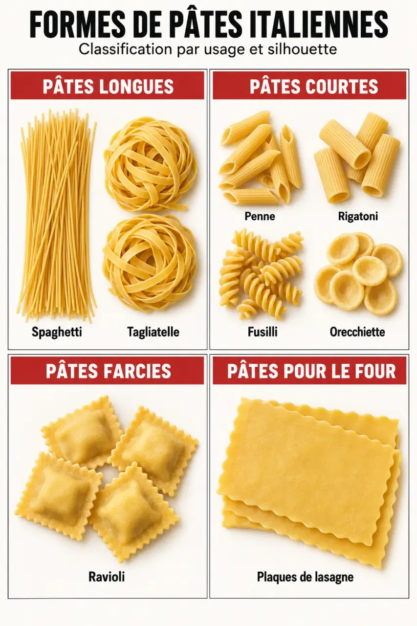 Pâtes italiennes classées par formes : spaghetti, penne, fusilli, ravioli et lasagnes