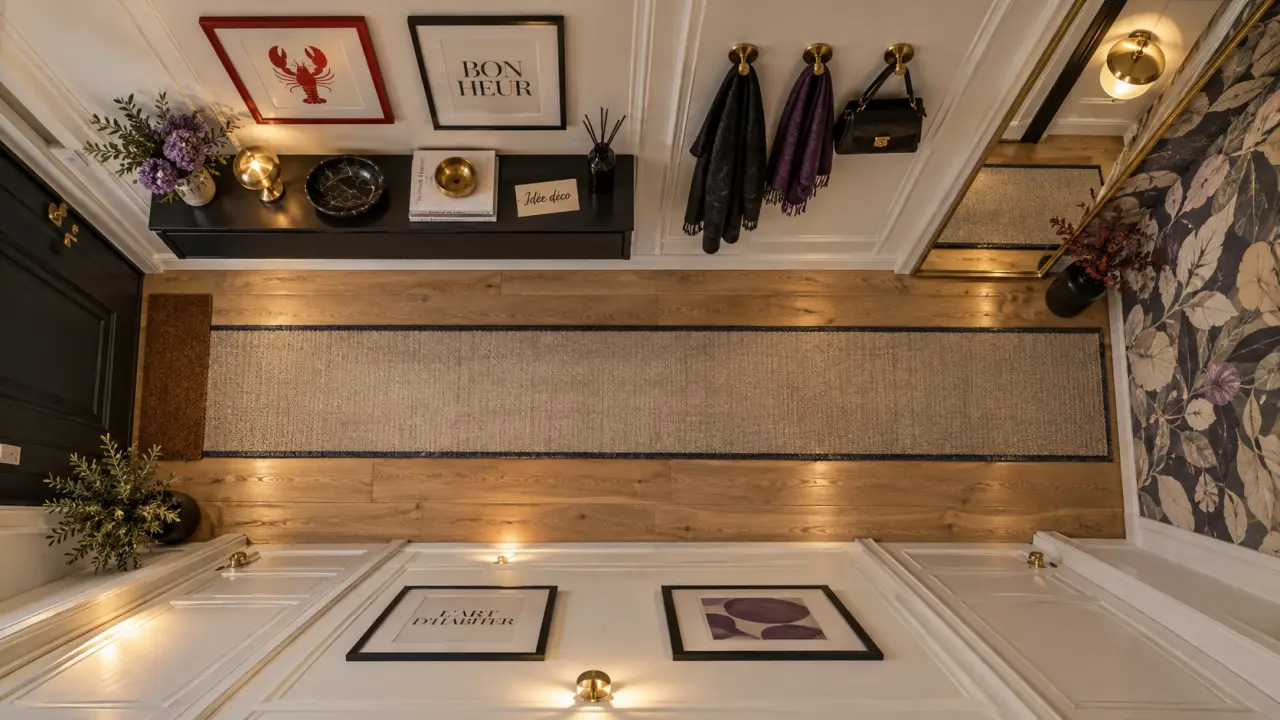 Idee deco couloir long avec murs clairs et grand miroir