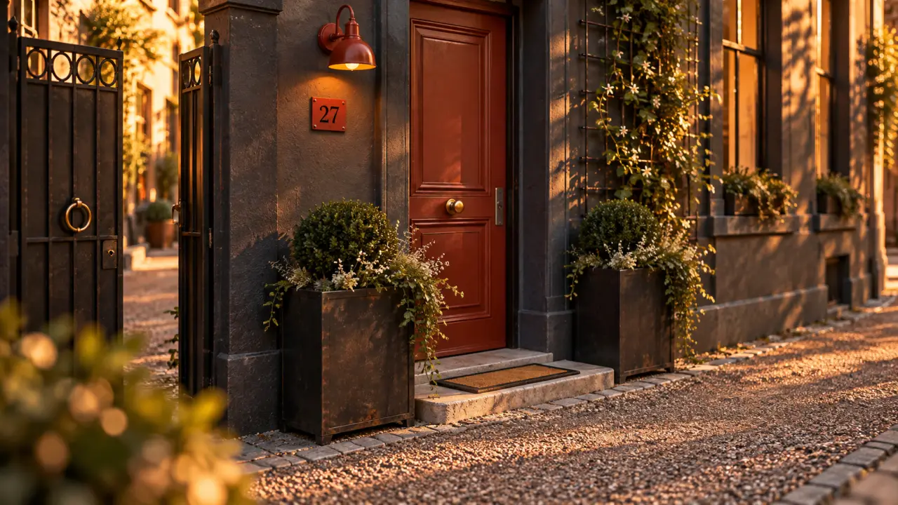Idée déco extérieur devant maison : entrée avec jardinières métal noir et portail