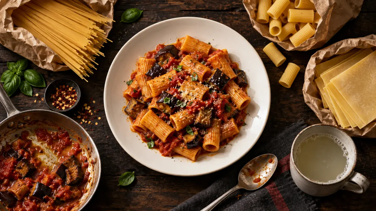 Pâtes italiennes : rigatoni al dente et sauce tomate aubergine