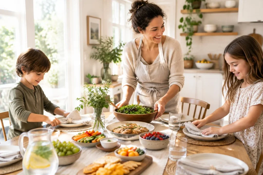 Un repas de famille avec des enfants se prépare avant le jour J, sans viser la perfection